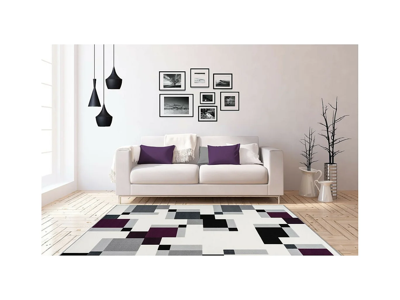 Tapis Géométrique à Poils Courts "Esperanto II" Ivoire & Violet 200 x 290 cm