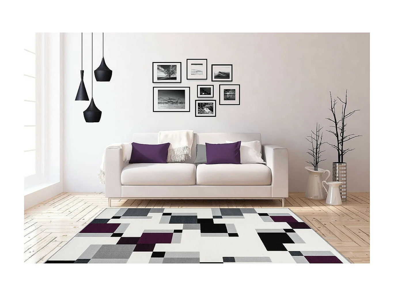 Tapis Géométrique à Poils Courts "Esperanto II" Ivoire & Violet 200 x 290 cm