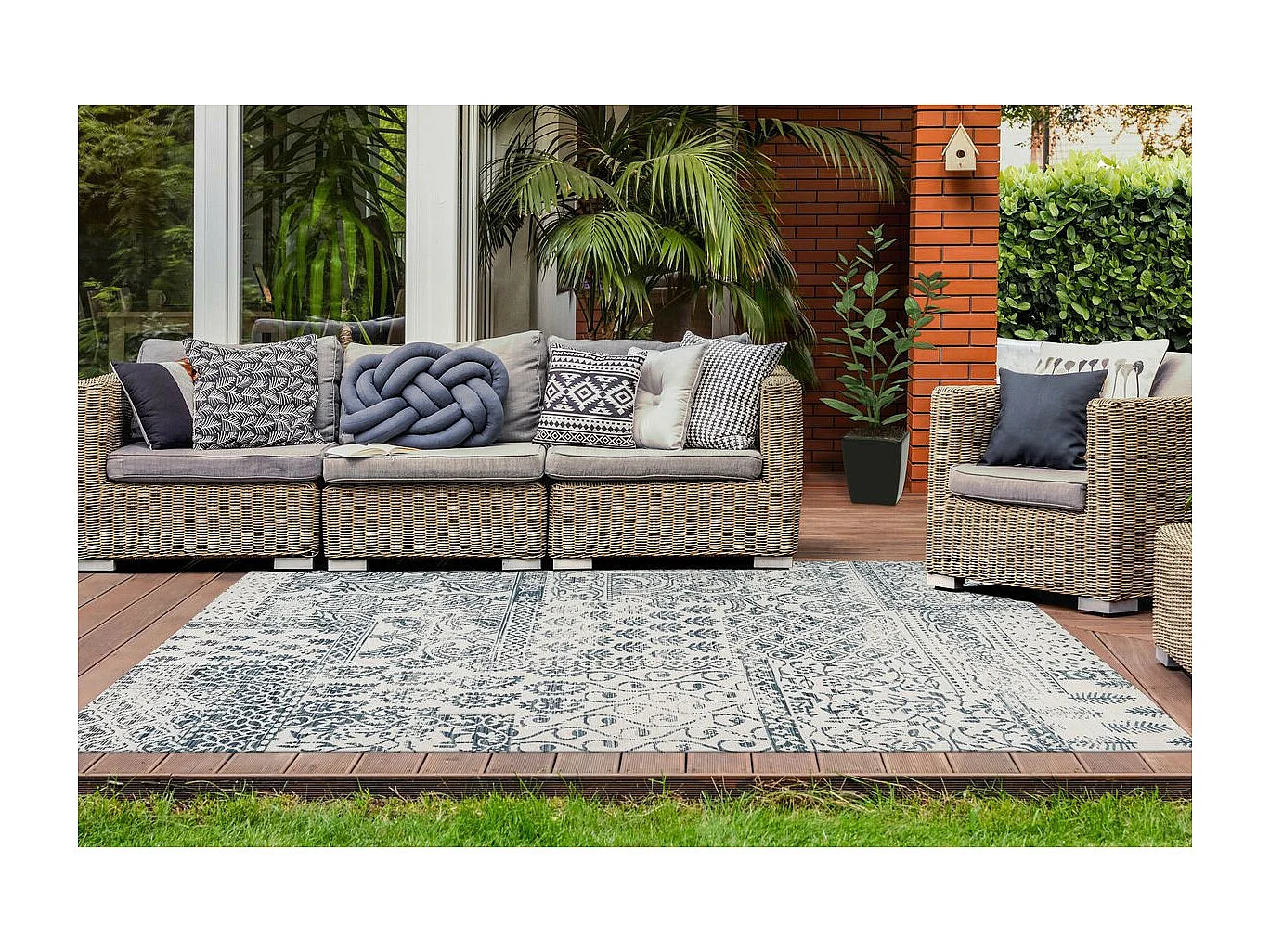 Tapis d'Extérieur Ethnique "Yoga" Bleu & Ivoire 120 x 170 cm