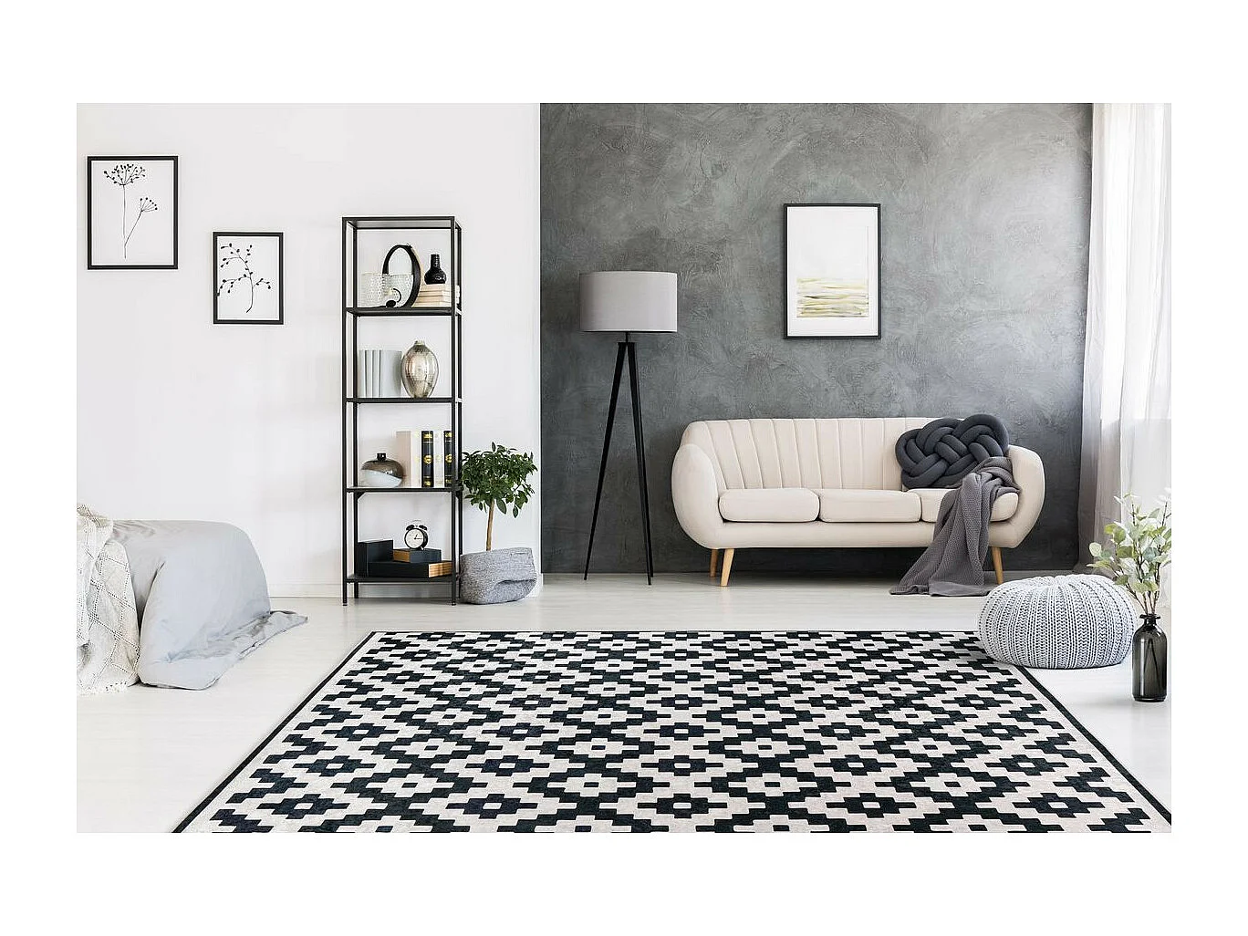 Tapis Géométrique à Poils Courts "Sally" Noir & Blanc 160 x 230 cm