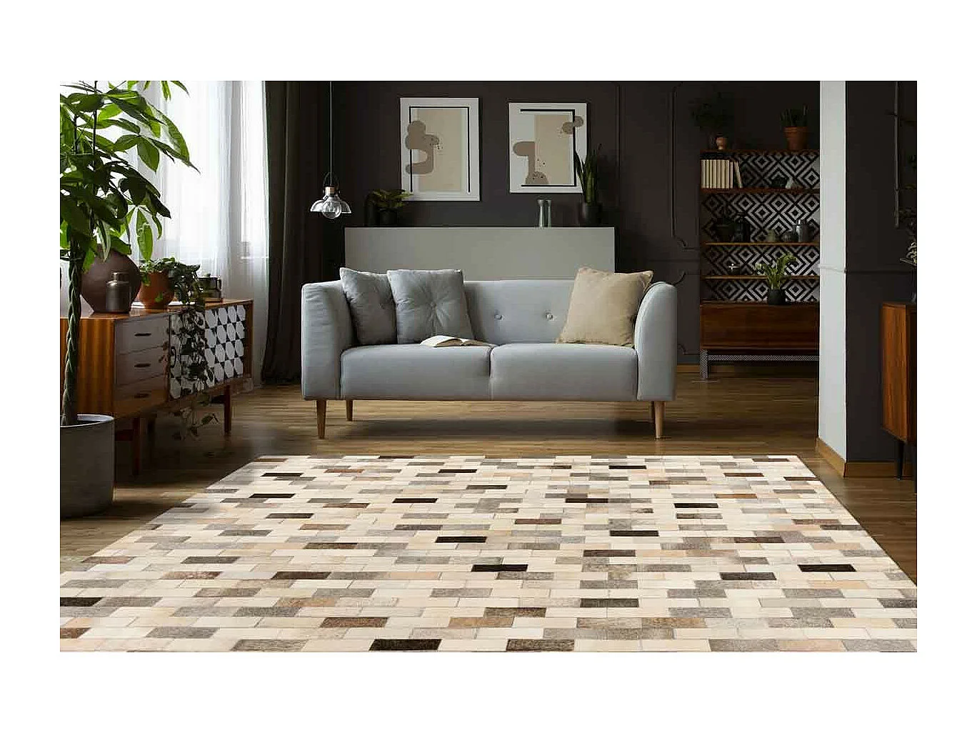 Tapis Imprimé Fait Main en Cuir "Ravi" Gris 80 x 150 cm