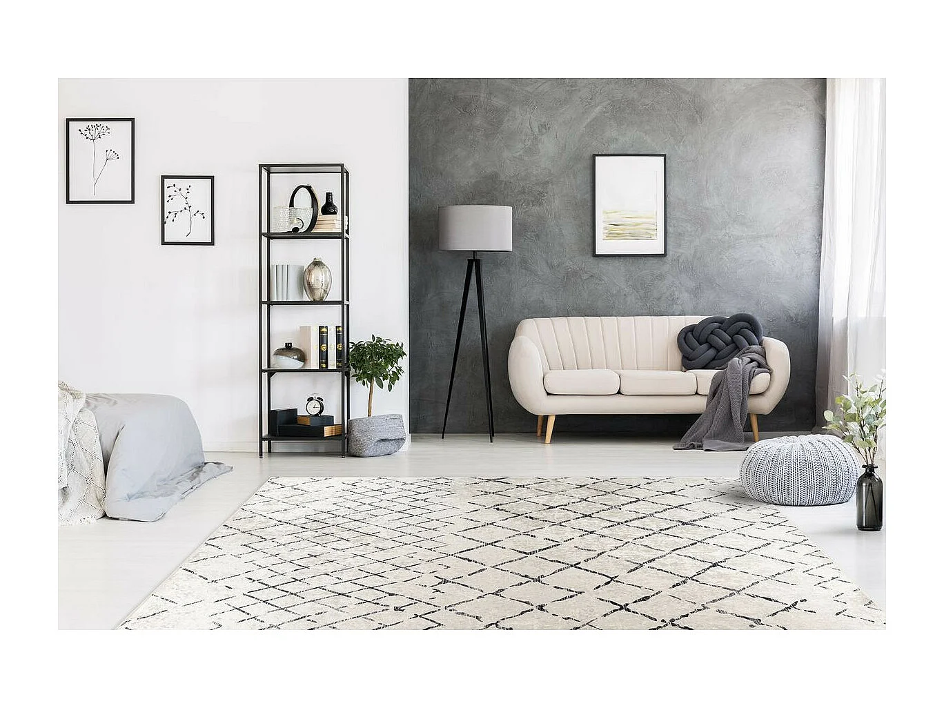 Tapis Vintage à Poils Courts "Sally" Ivoire & Noir 160 x 230 cm