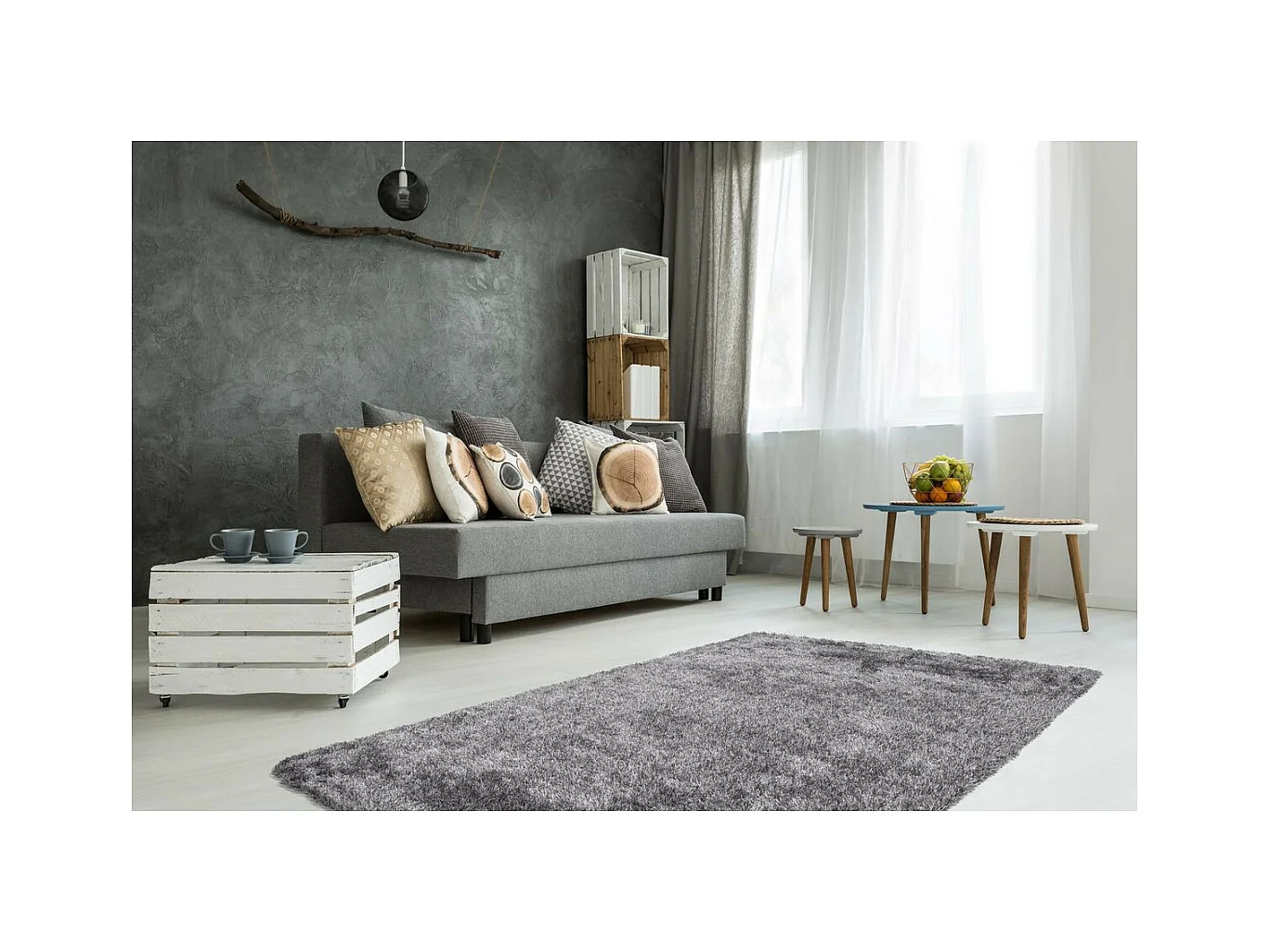 Tapis Shaggy Fait Main "Diamond" Gris Blanc 160 x 230 cm