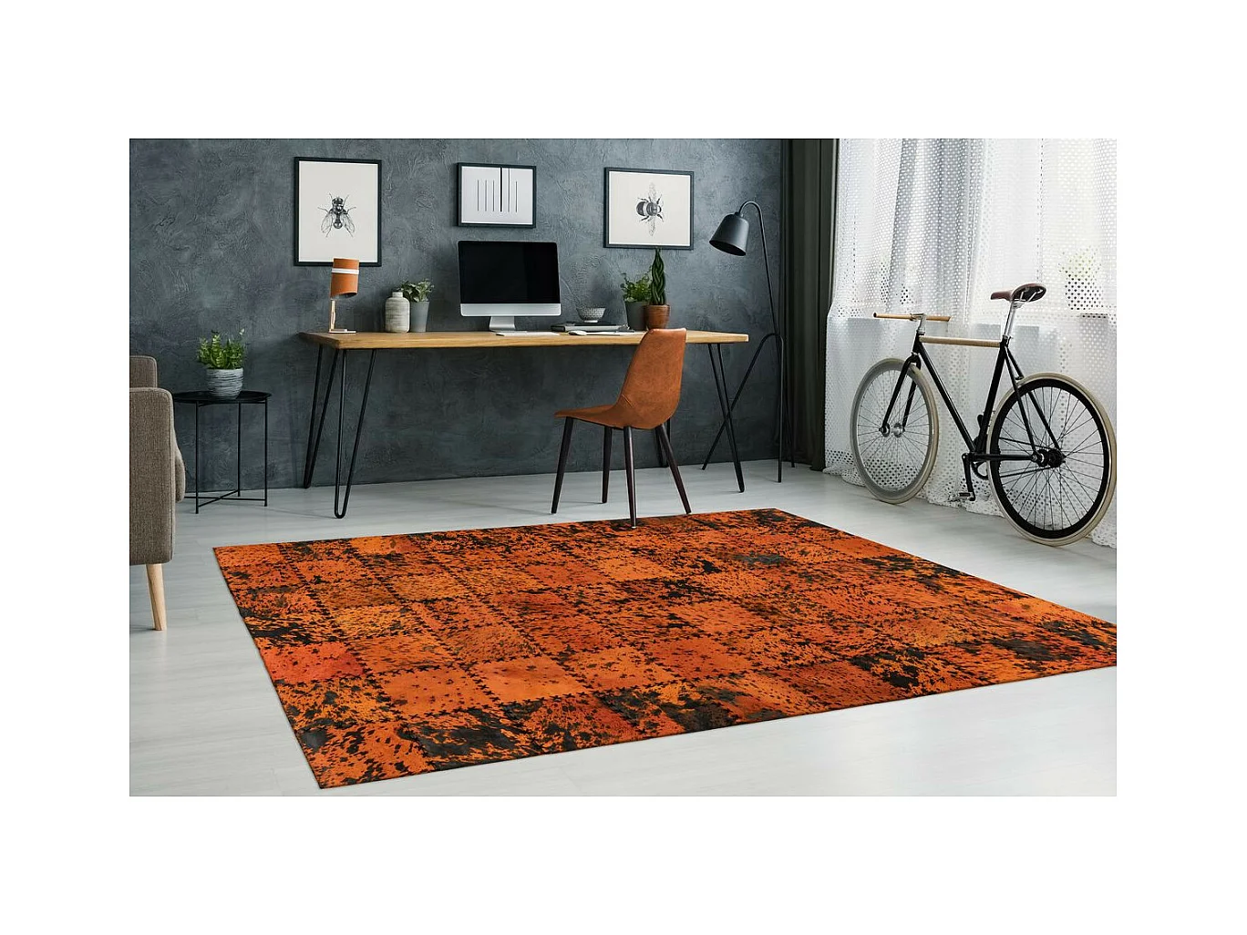 Tapis Patchwork en Cuir Fait Main "Voila" Orange 120 x 170 cm
