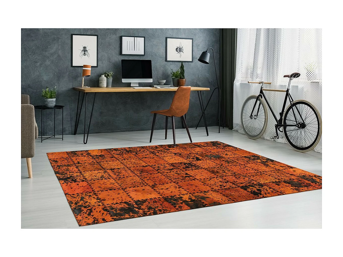 Tapis Patchwork en Cuir Fait Main "Voila" Orange 120 x 170 cm