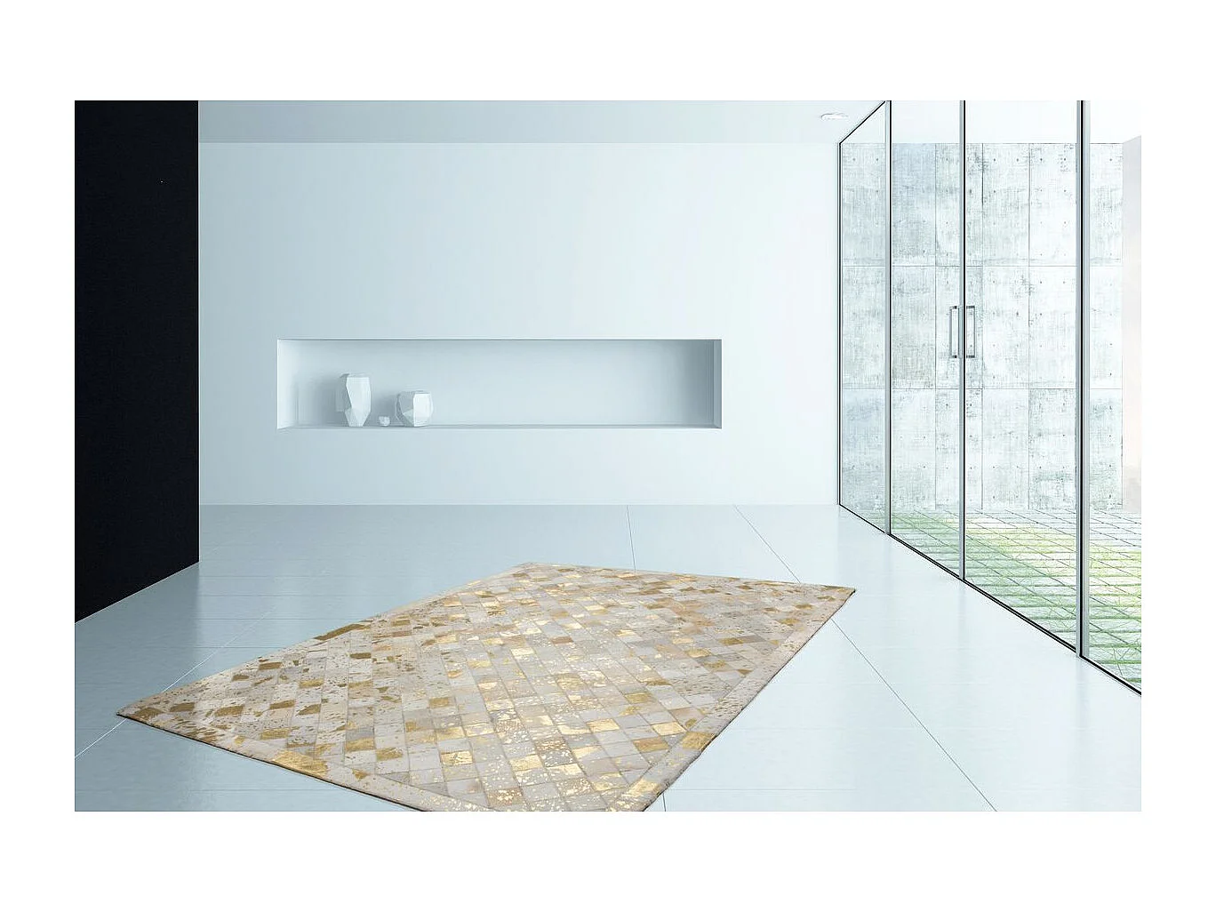 Tapis en Cuir Effet Mosaïque "Lavish" Ivoire & Or 120 x 170 cm