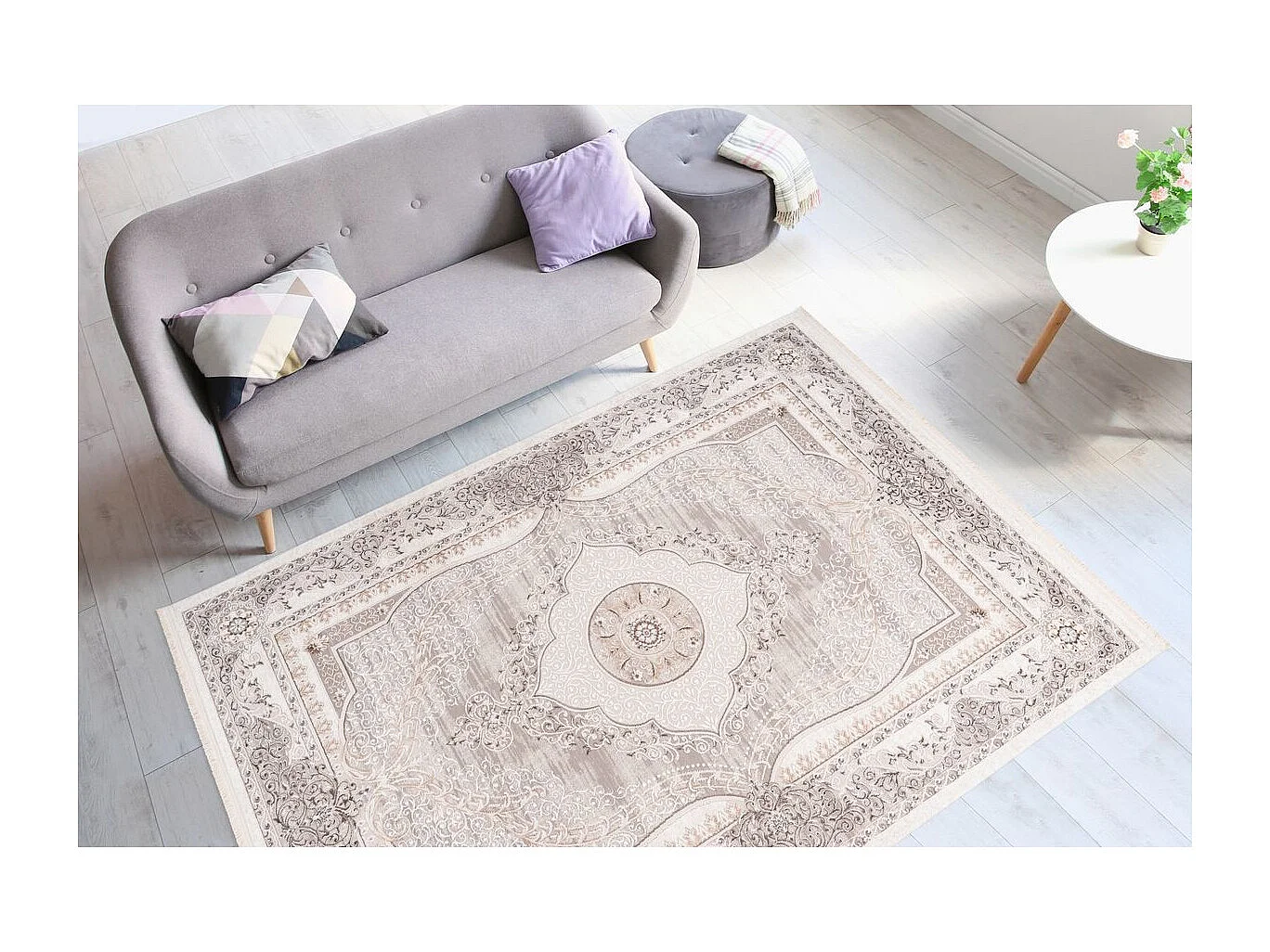 Tapis Vintage à Franges "Akropolis V" Gris & Argent 120 x 180 cm