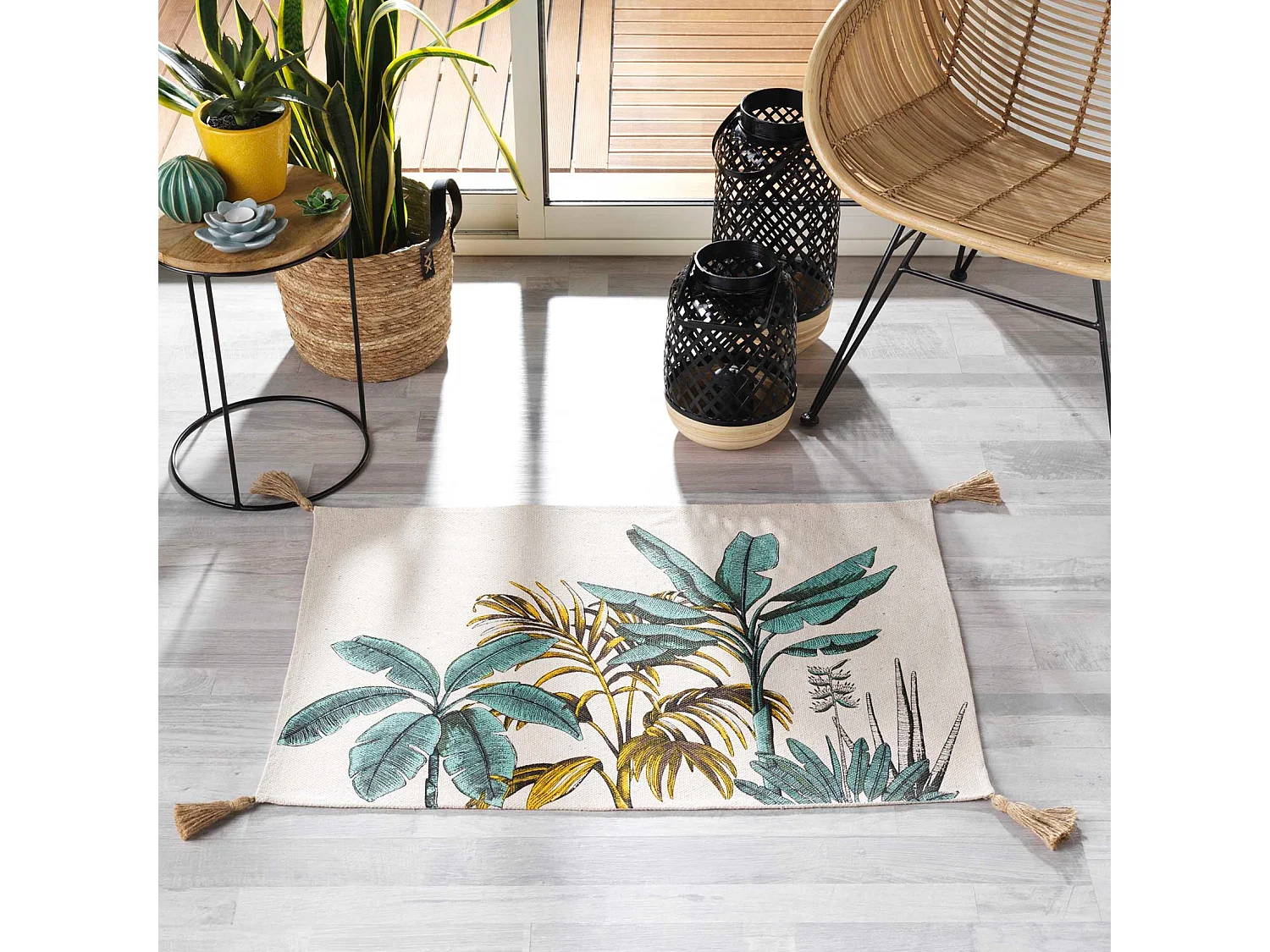 Tapis Déco à Pompons "Balinesia" 60x90cm Naturel