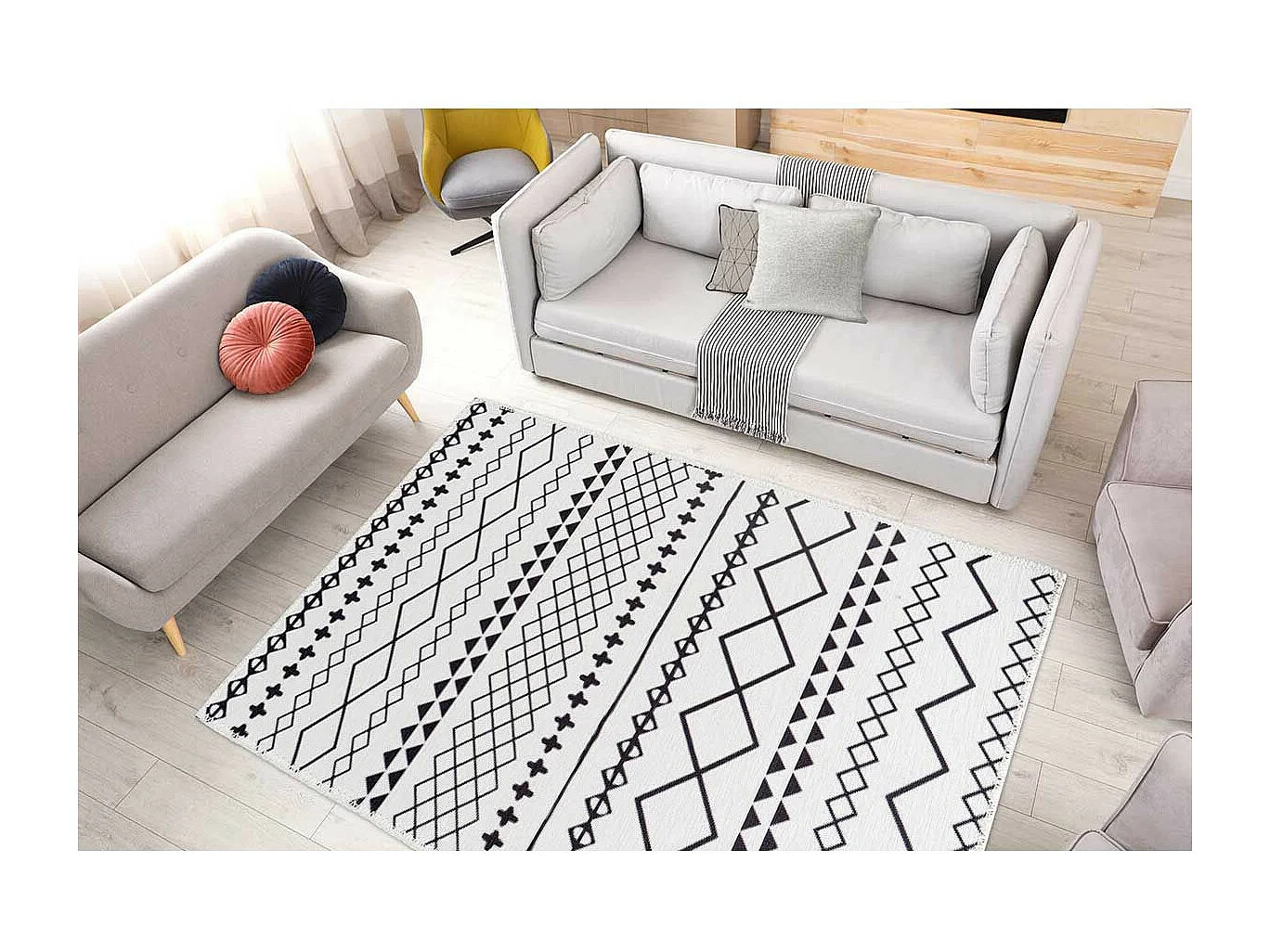 Tapis Tissé Imprimé à Poils Plats "Maya IV" Blanc & Noir 160 x 230 cm