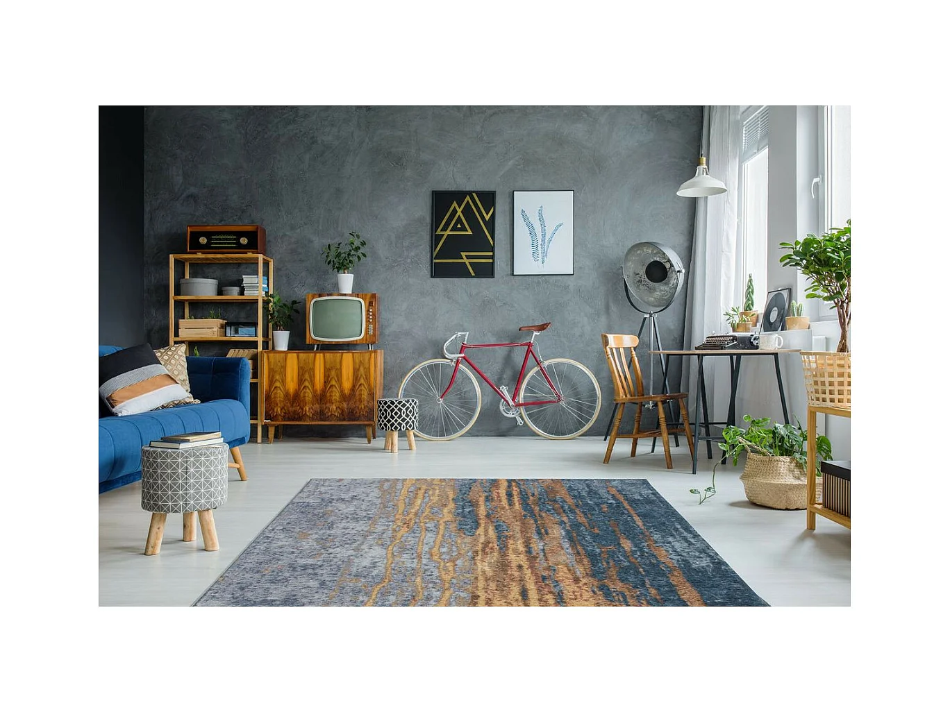 Tapis Vintage à Poils Courts "Blaze" Bleu & Beige 75 x 150 cm