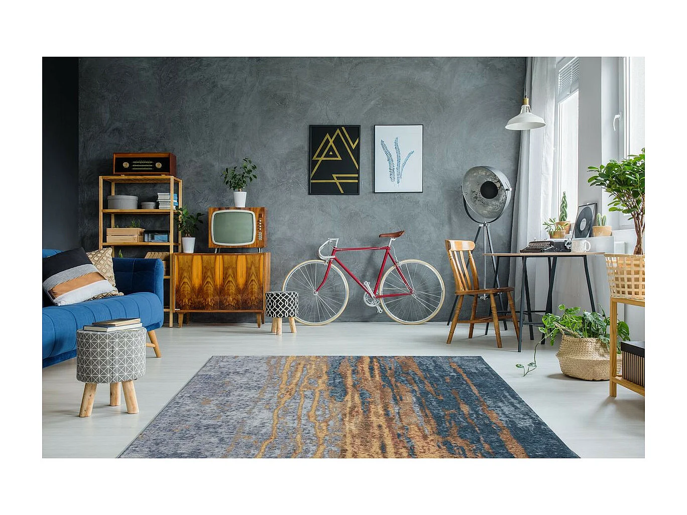 Tapis Vintage à Poils Courts "Blaze" Bleu & Beige 75 x 150 cm