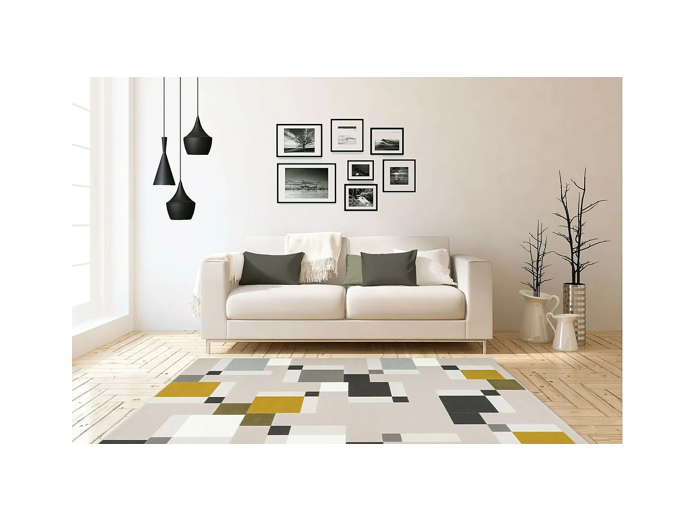 Tapis Géométrique à Poils Courts "Esperanto II" Crème & Vert 120 x 170 cm