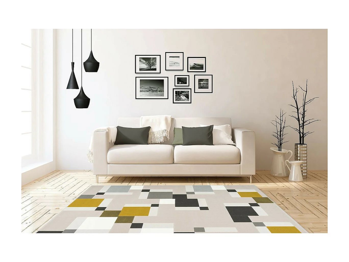 Tapis Géométrique à Poils Courts "Esperanto II" Crème & Vert 120 x 170 cm