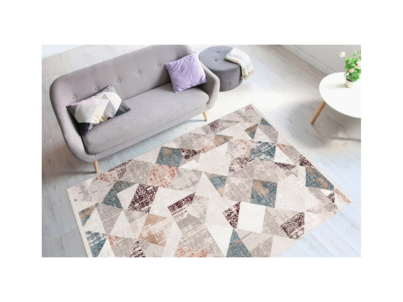 Tapis Géométrique à Franges "Akropolis II" Gris & Rose 200 x 300 cm