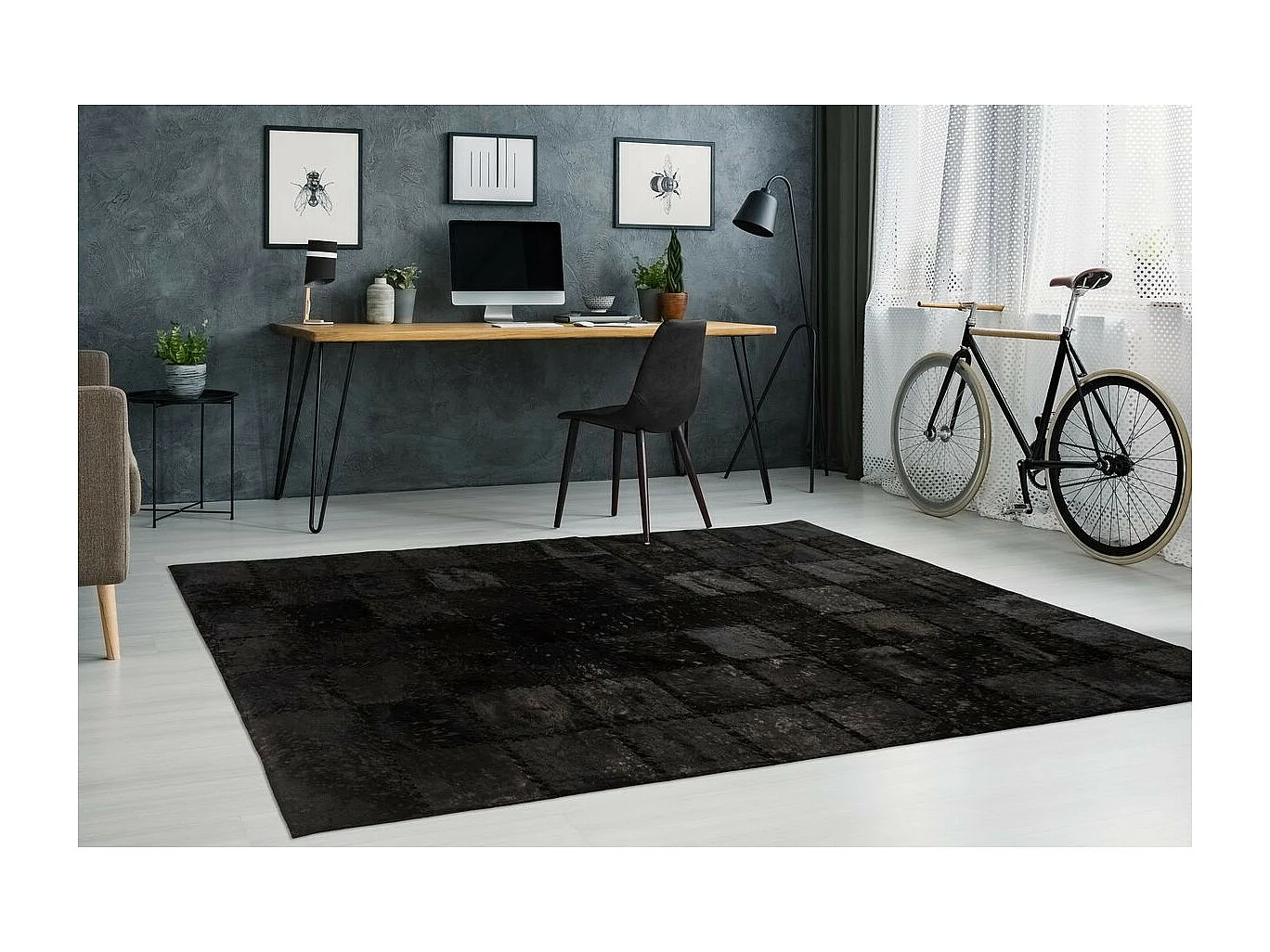 Tapis Patchwork en Cuir Fait Main "Voila" Noir 160 x 230 cm