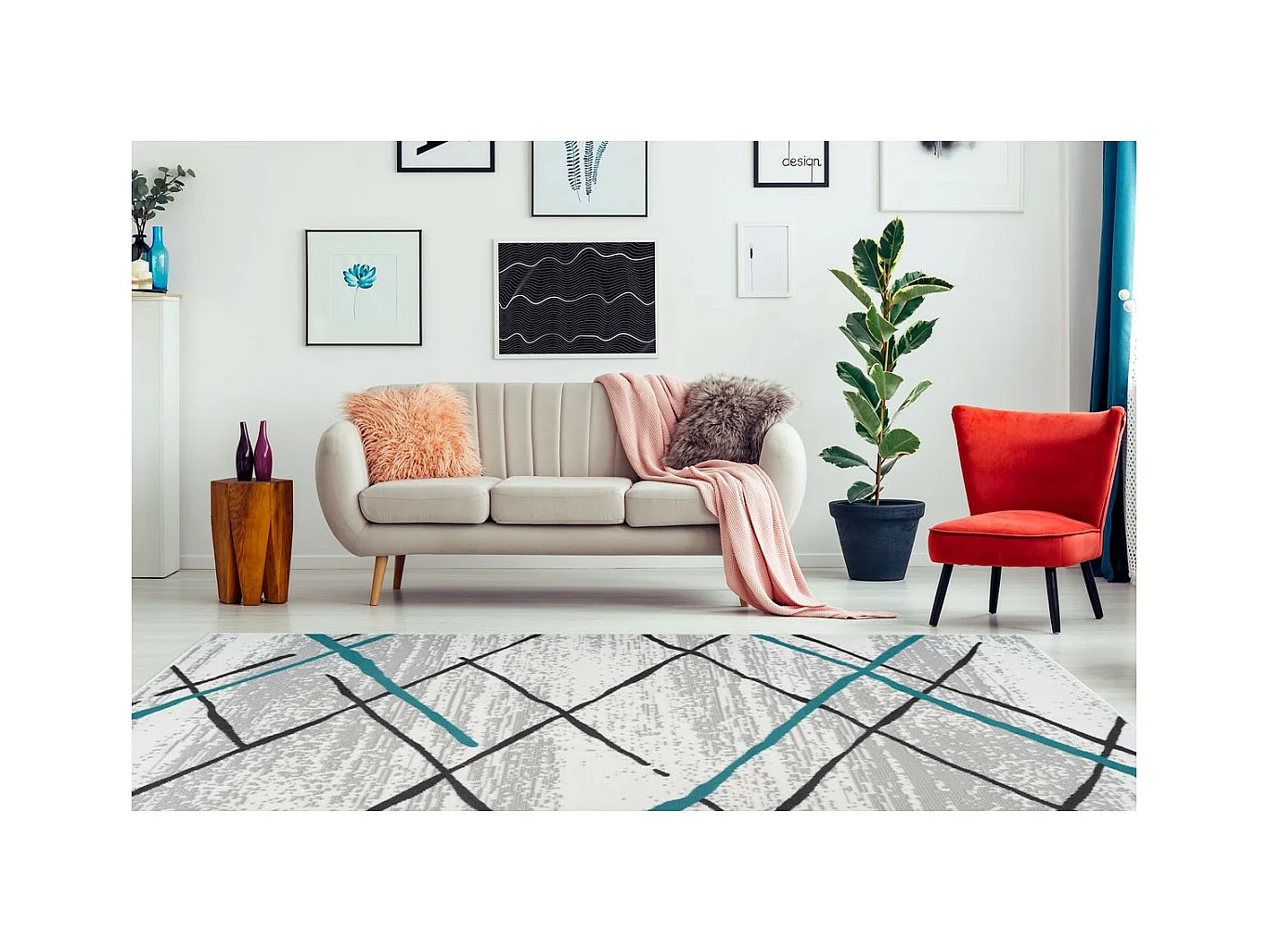 Tapis Rayures à Poils Courts "Vancouver I" Turquoise 200 x 290 cm