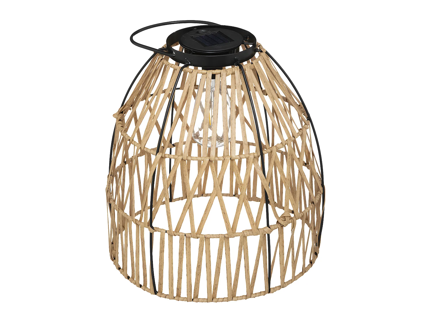 Lampe solaire en métal noir et aspect rotin D 30 x H 32 cm à poser ou à suspendre