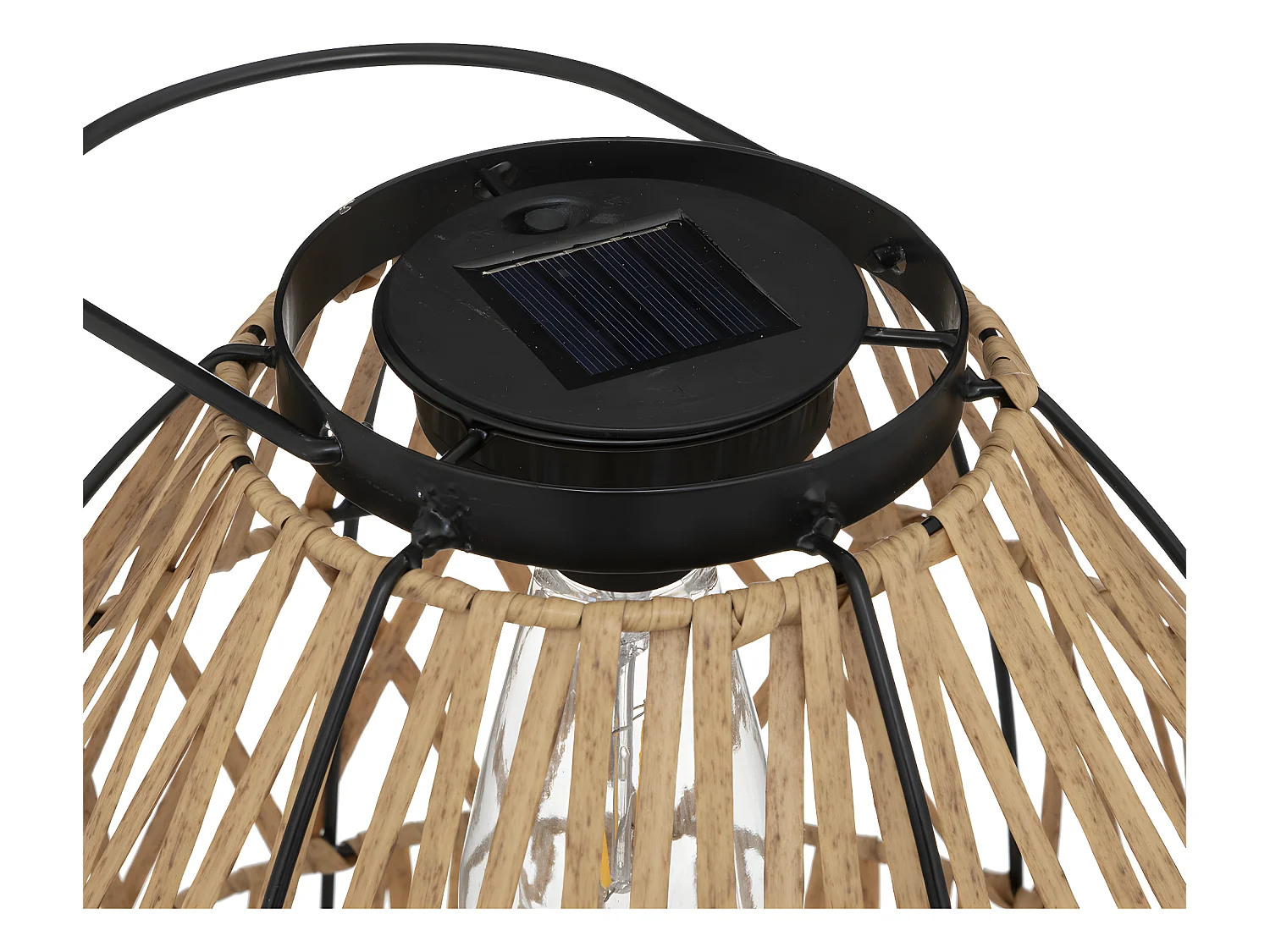 Lampe solaire en métal noir et aspect rotin D 30 x H 32 cm à poser ou à suspendre