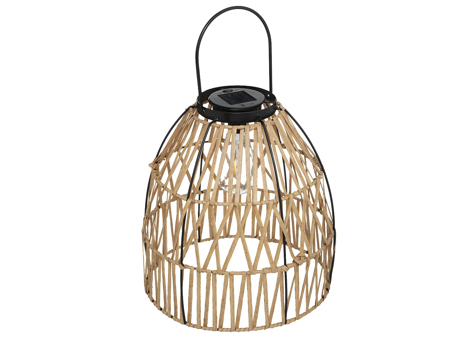 Lampe solaire en métal noir et aspect rotin D 30 x H 32 cm à poser ou à suspendre