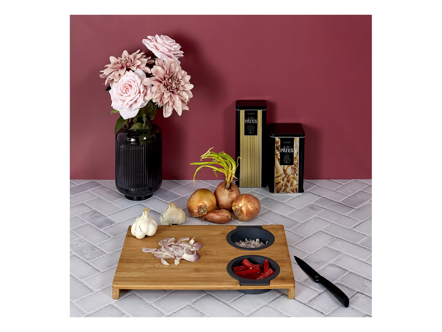 Planche A Decouper Avec Egouttoir Et Recipient Marron, Gris