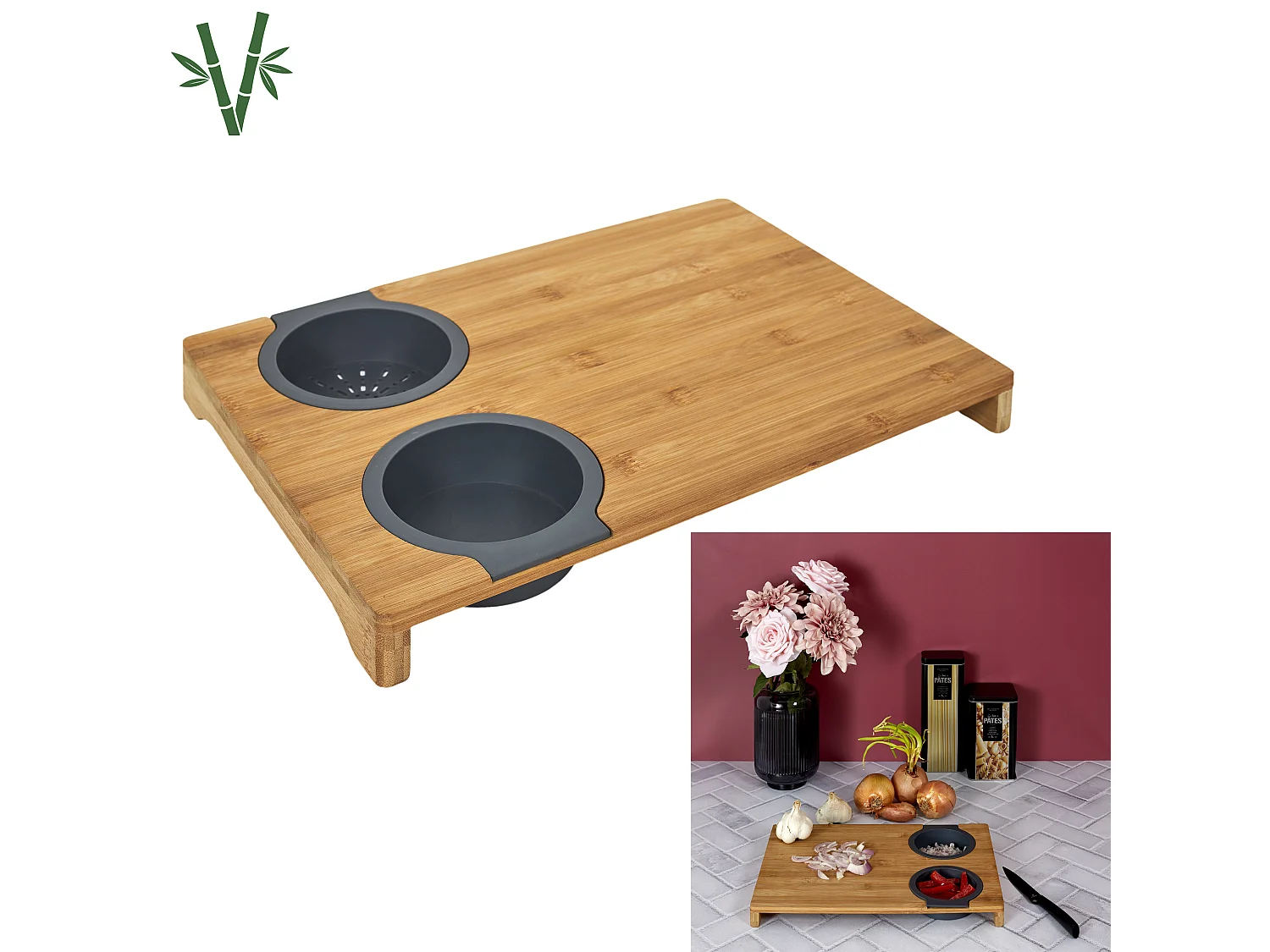 Planche A Decouper Avec Egouttoir Et Recipient Marron, Gris