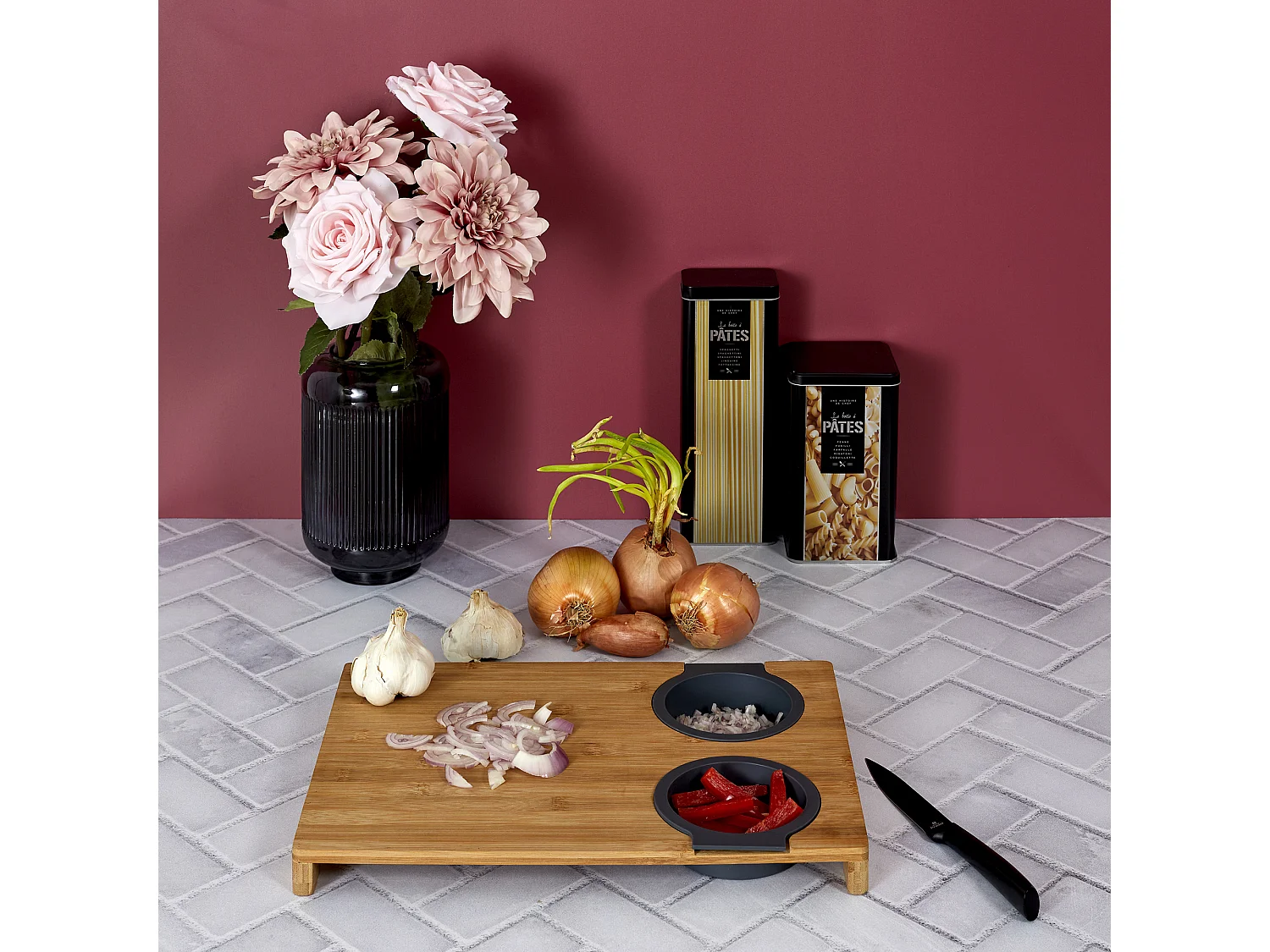 Planche A Decouper Avec Egouttoir Et Recipient Marron, Gris