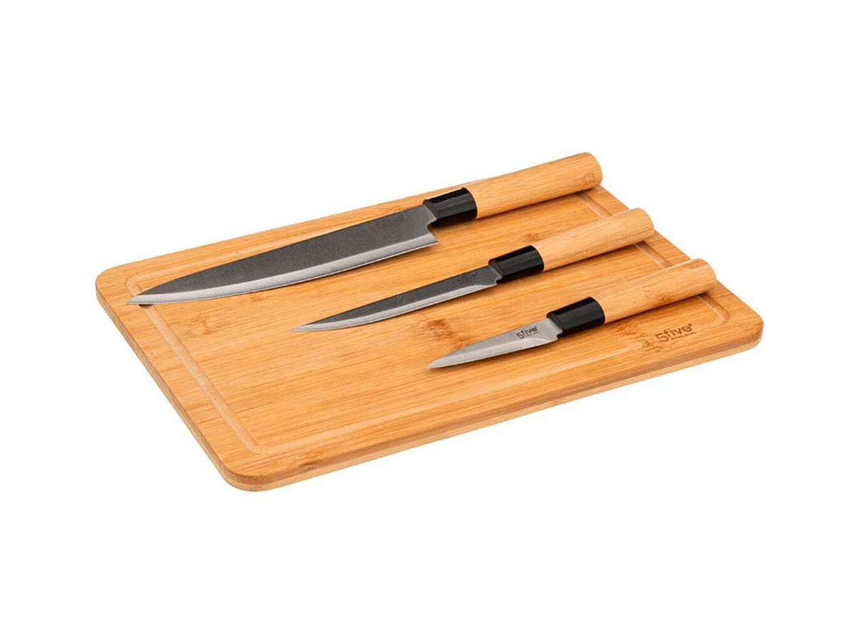 Conjunto de tabla + 3 cuchillos bambú natural/inox