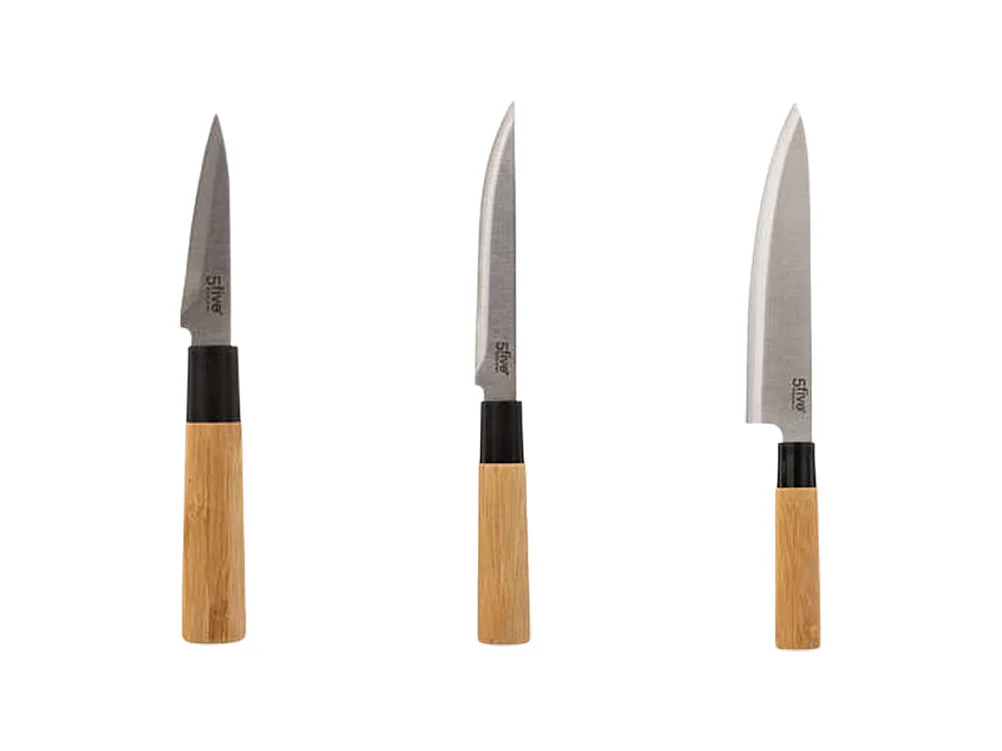 Conjunto de tabla + 3 cuchillos bambú natural/inox