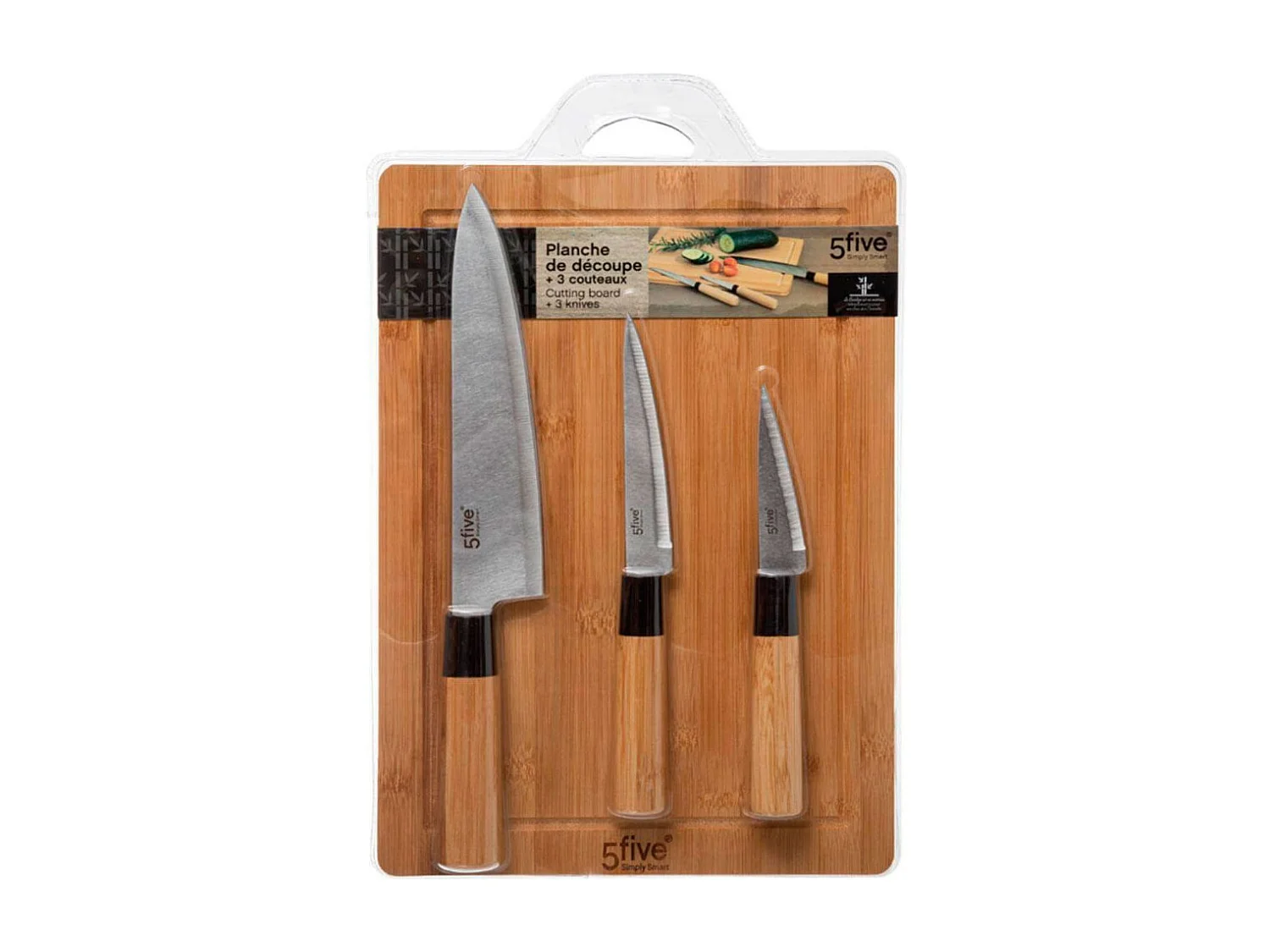 Conjunto de tabla + 3 cuchillos bambú natural/inox