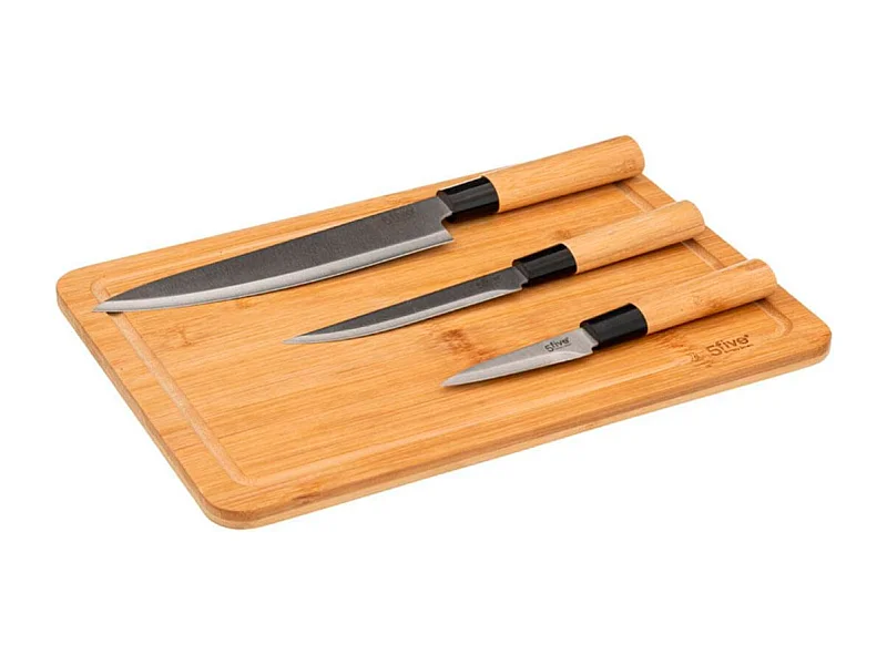 Conjunto de tabla + 3 cuchillos bambú natural/inox