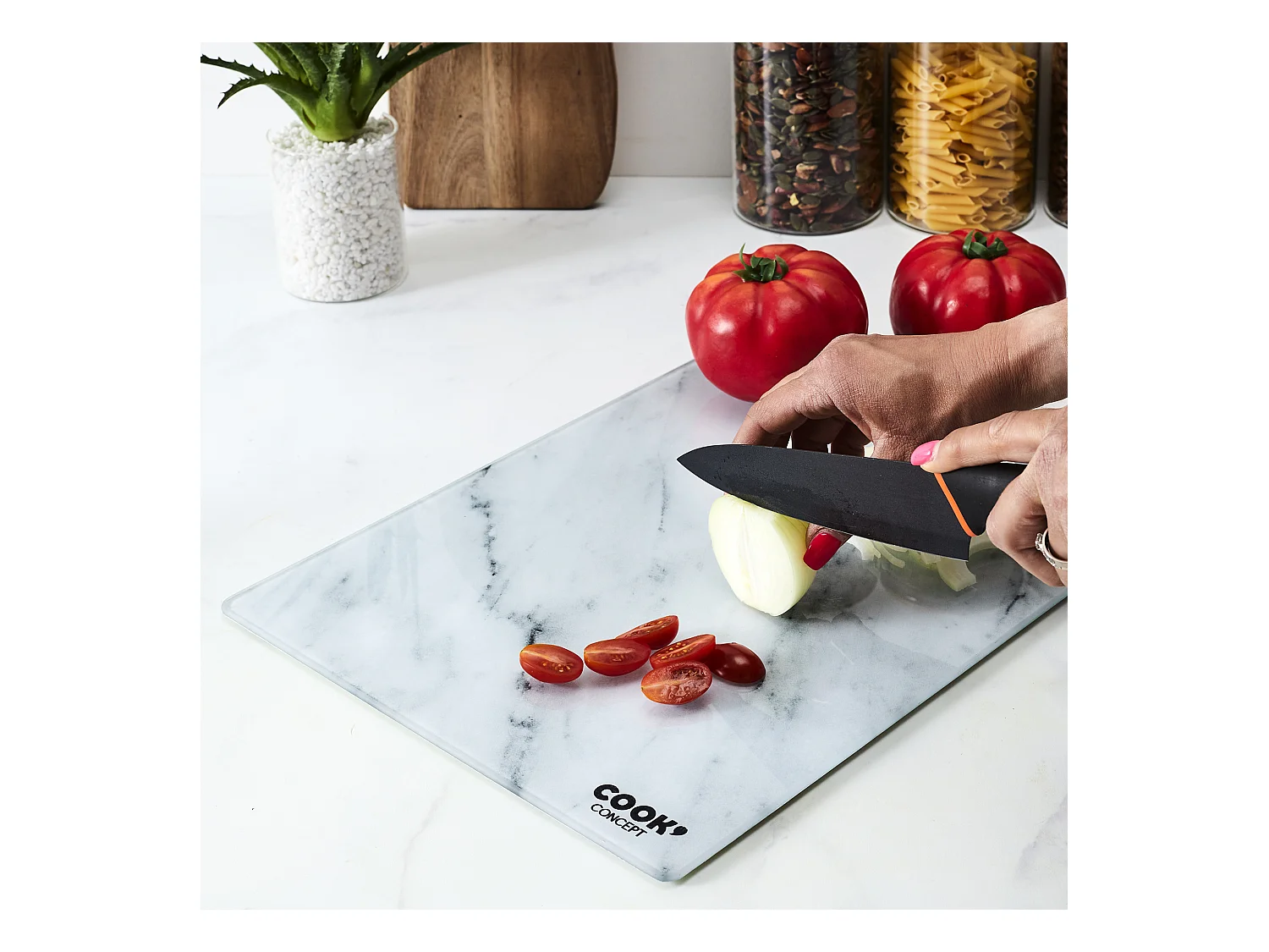 Planche A Decouper En Verre Effet Marbre Noir, Blanc