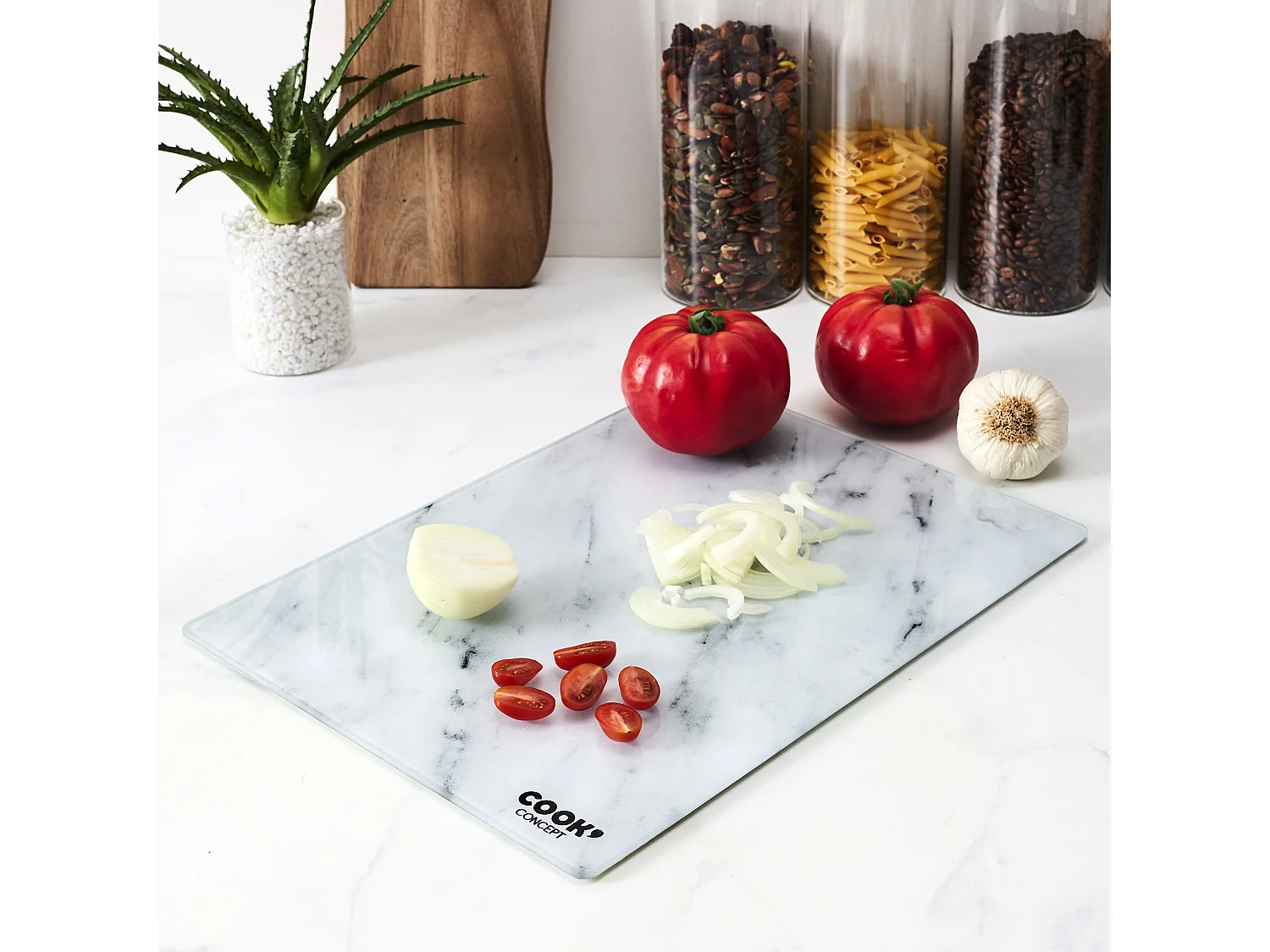 Planche A Decouper En Verre Effet Marbre Noir, Blanc