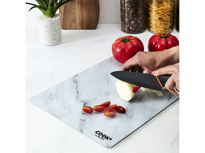 Planche A Decouper En Verre Effet Marbre Noir, Blanc