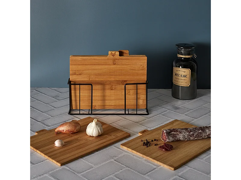 Planche A Decouper Bambou X4 Avec Socle Metal Marron, Noir