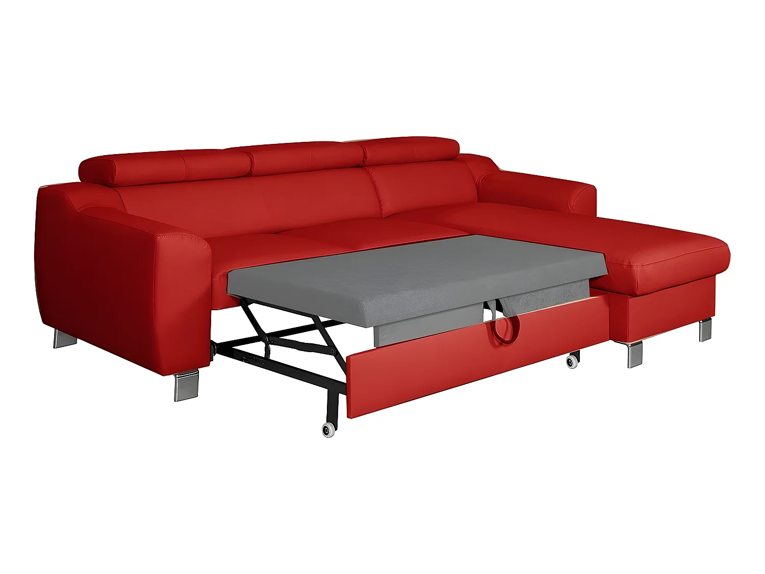 Hoekbank met slaapfunctie van luxe Italiaans leer ASTORIA, 5 zitplaatsen, donkerrood met opbergruimte