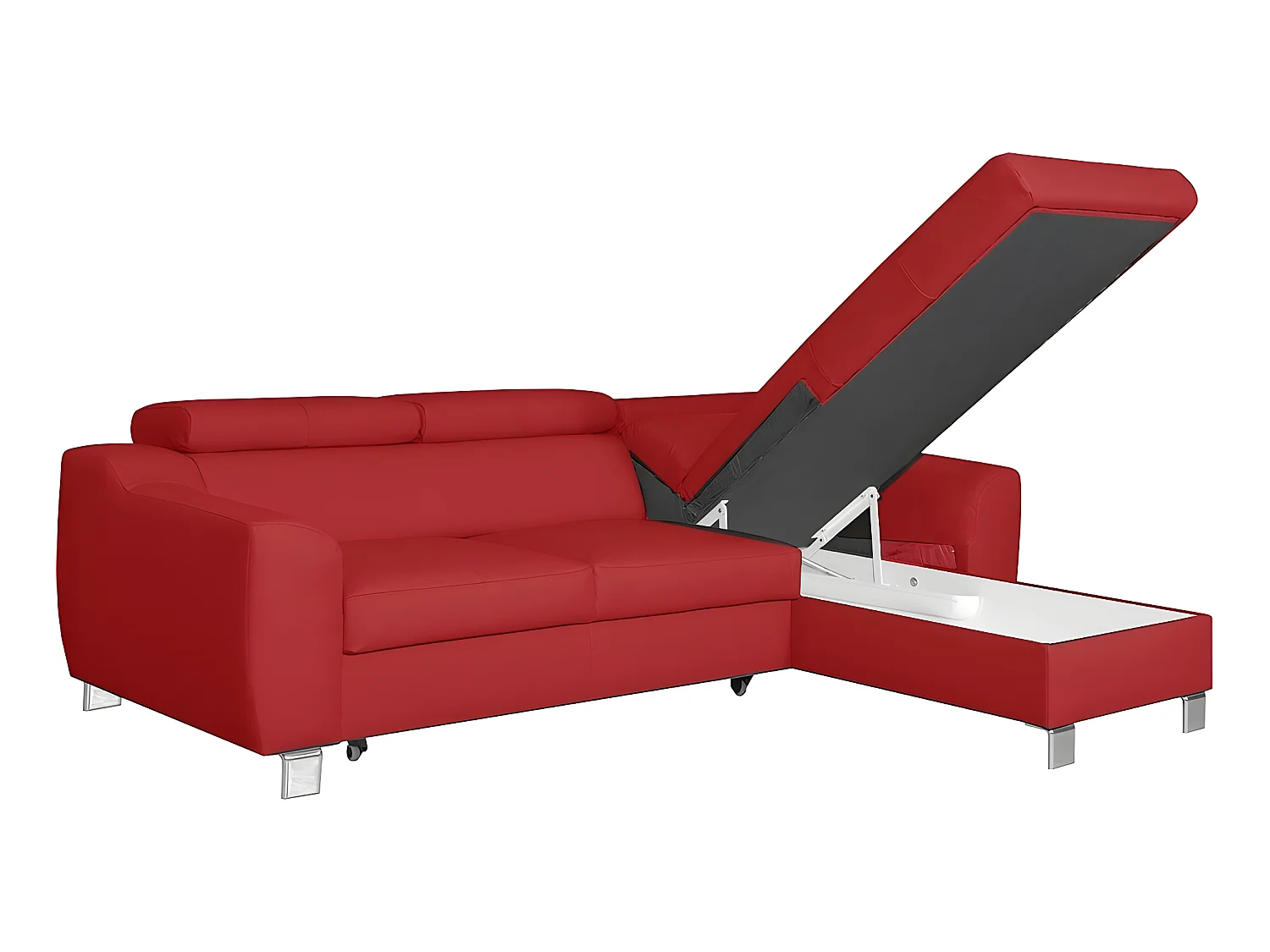 Hoekbank met slaapfunctie van luxe Italiaans leer ASTORIA, 5 zitplaatsen, donkerrood met opbergruimte