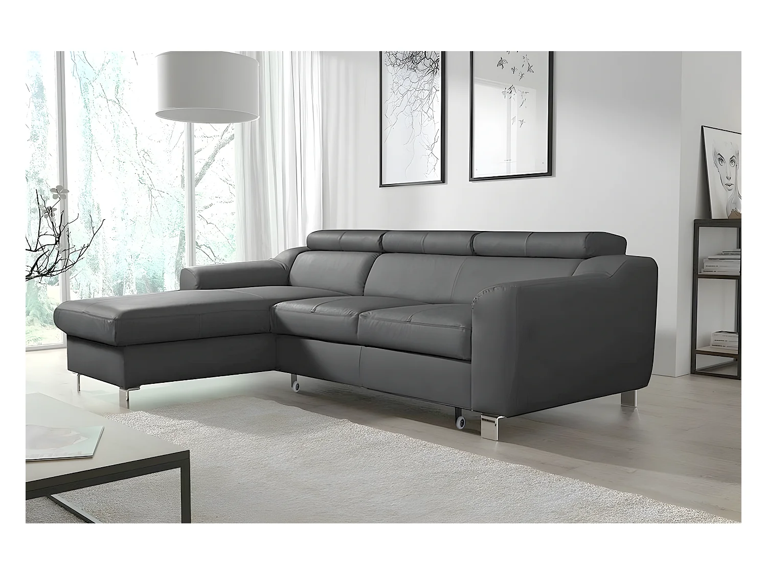 Canapé d'angle convertible en cuir italien de luxe 5 places ASTORIA, gris foncé, angle gauche