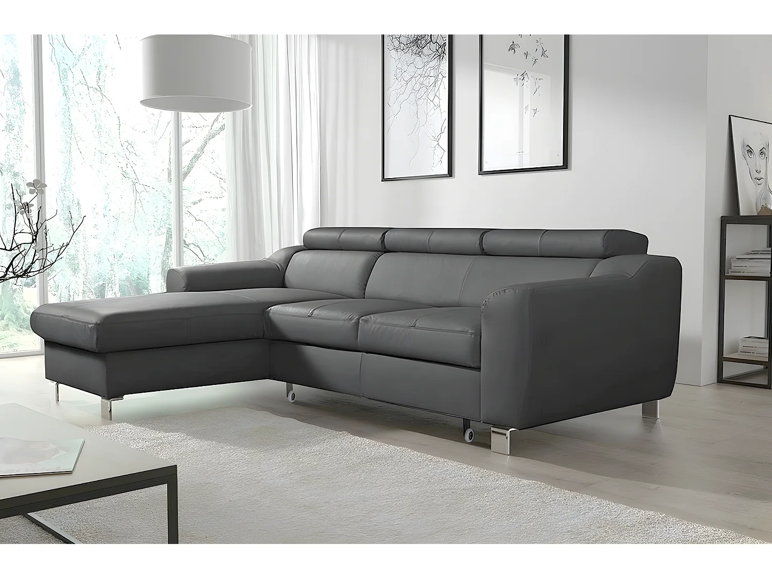 Canapé d'angle convertible en cuir italien de luxe 5 places ASTORIA, gris foncé, angle gauche