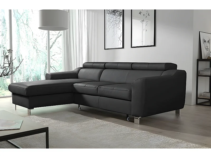 Canapé d'angle convertible en cuir italien de luxe 5 places ASTORIA, noir, angle gauche