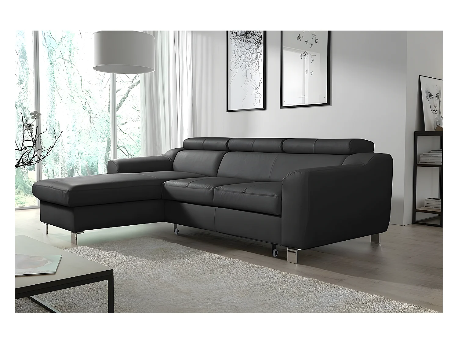 Hoekbank van luxe Italiaans leer met 5 zitplaatsen ASTORIA, zwart, linkerhoek met opbergruimte
