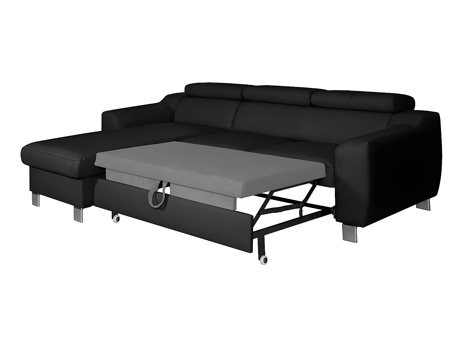 Hoekbank van luxe Italiaans leer met 5 zitplaatsen ASTORIA, zwart, linkerhoek met opbergruimte