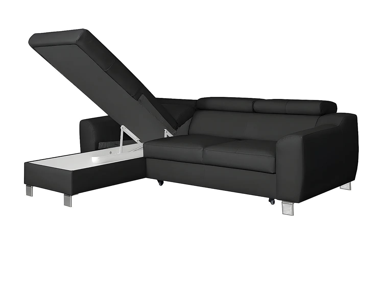 Hoekbank van luxe Italiaans leer met 5 zitplaatsen ASTORIA, zwart, linkerhoek met opbergruimte
