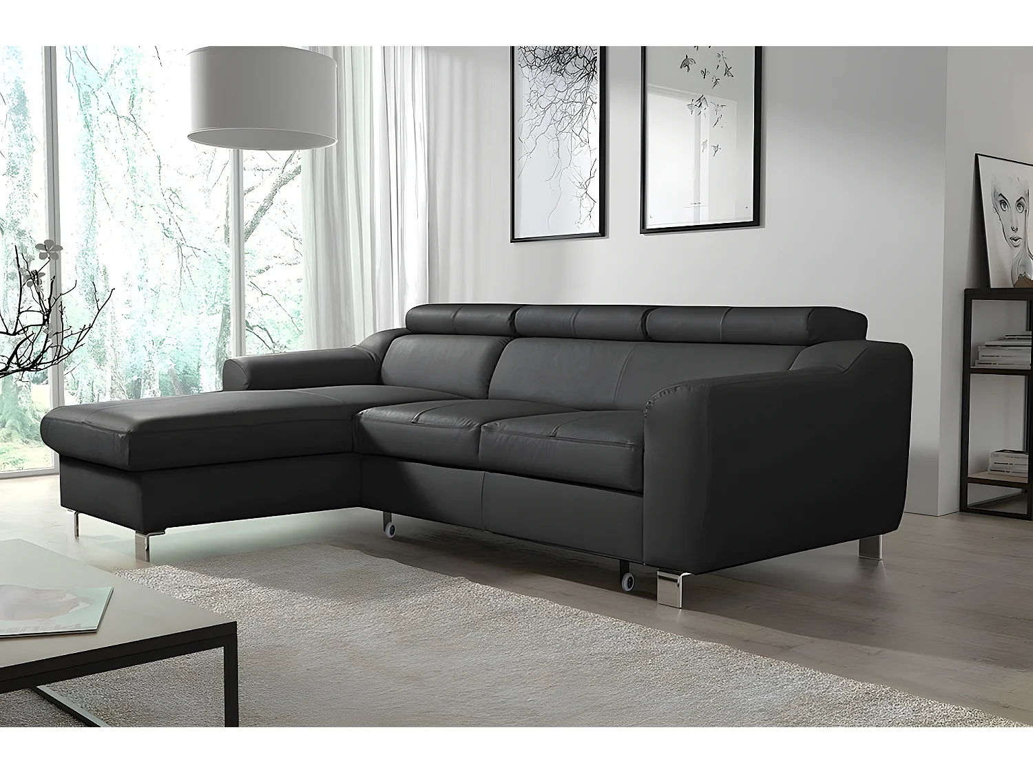 Canapé d'angle convertible en cuir italien de luxe 5 places ASTORIA, noir, angle gauche