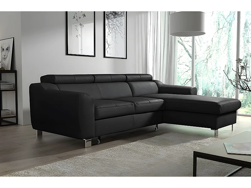 Canapé d'angle convertible en cuir italien de luxe 5 places ASTORIA, noir, angle droit