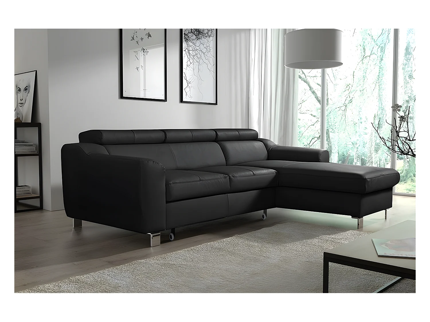 Canapé d'angle convertible en cuir italien de luxe 5 places ASTORIA, noir, angle droit