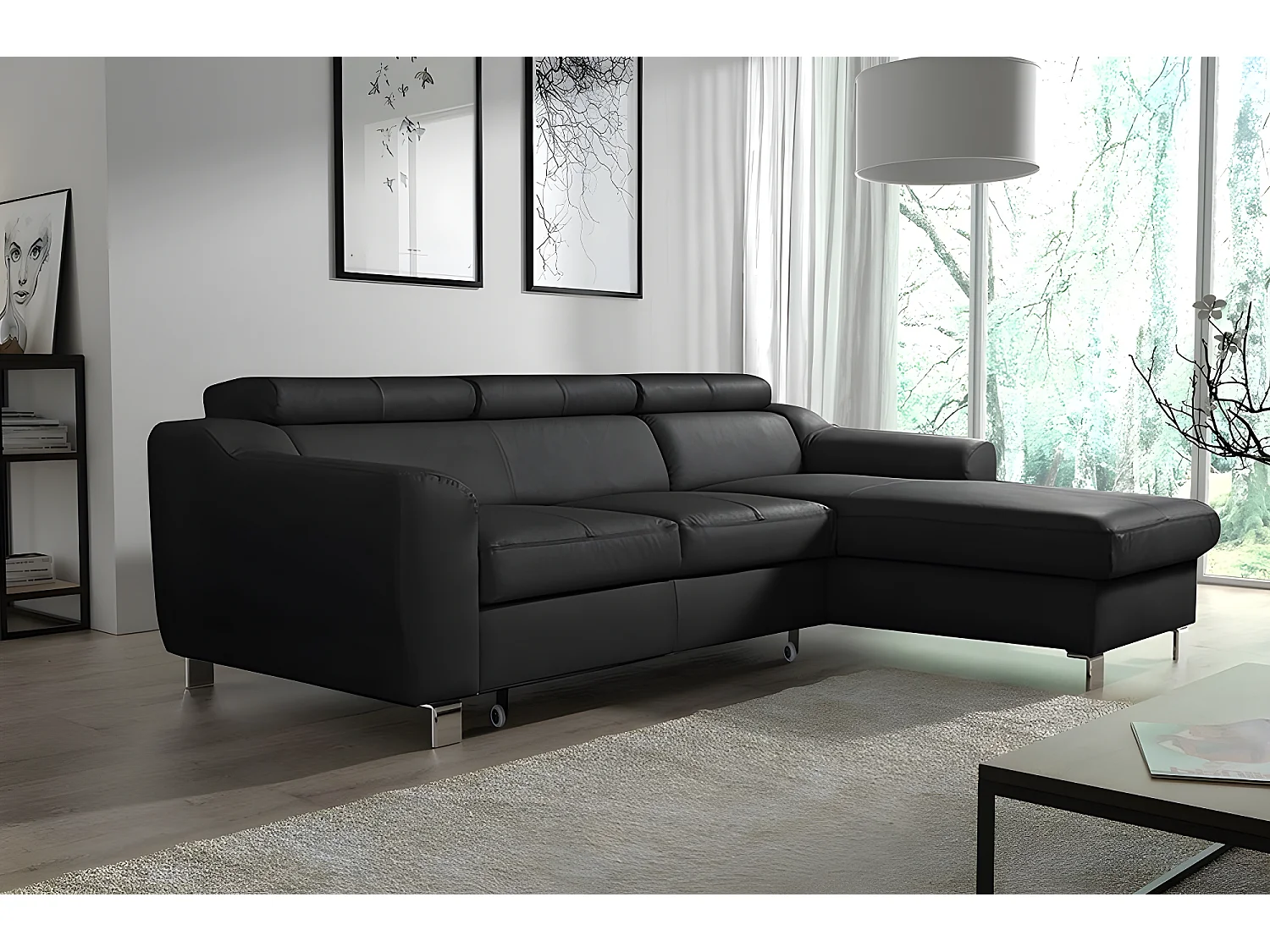 Hoekbank van luxe Italiaans leer ASTORIA met 5 zitplaatsen, zwart, rechte hoek met opbergruimte