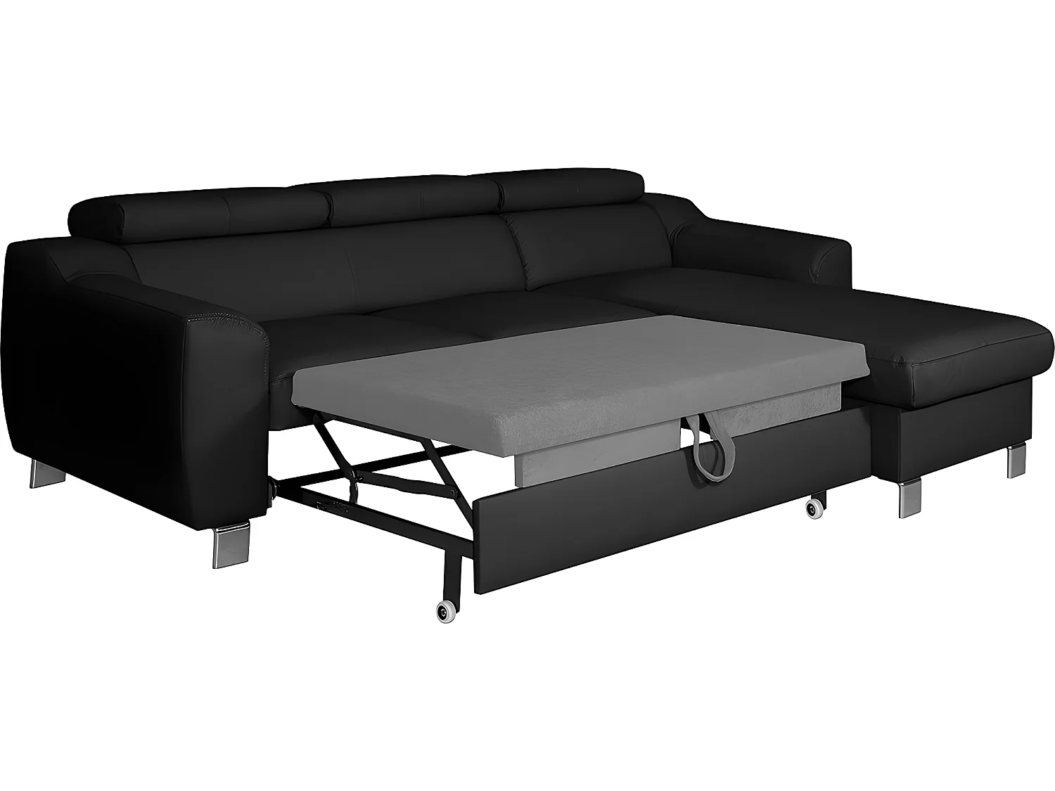 Hoekbank van luxe Italiaans leer ASTORIA met 5 zitplaatsen, zwart, rechte hoek met opbergruimte