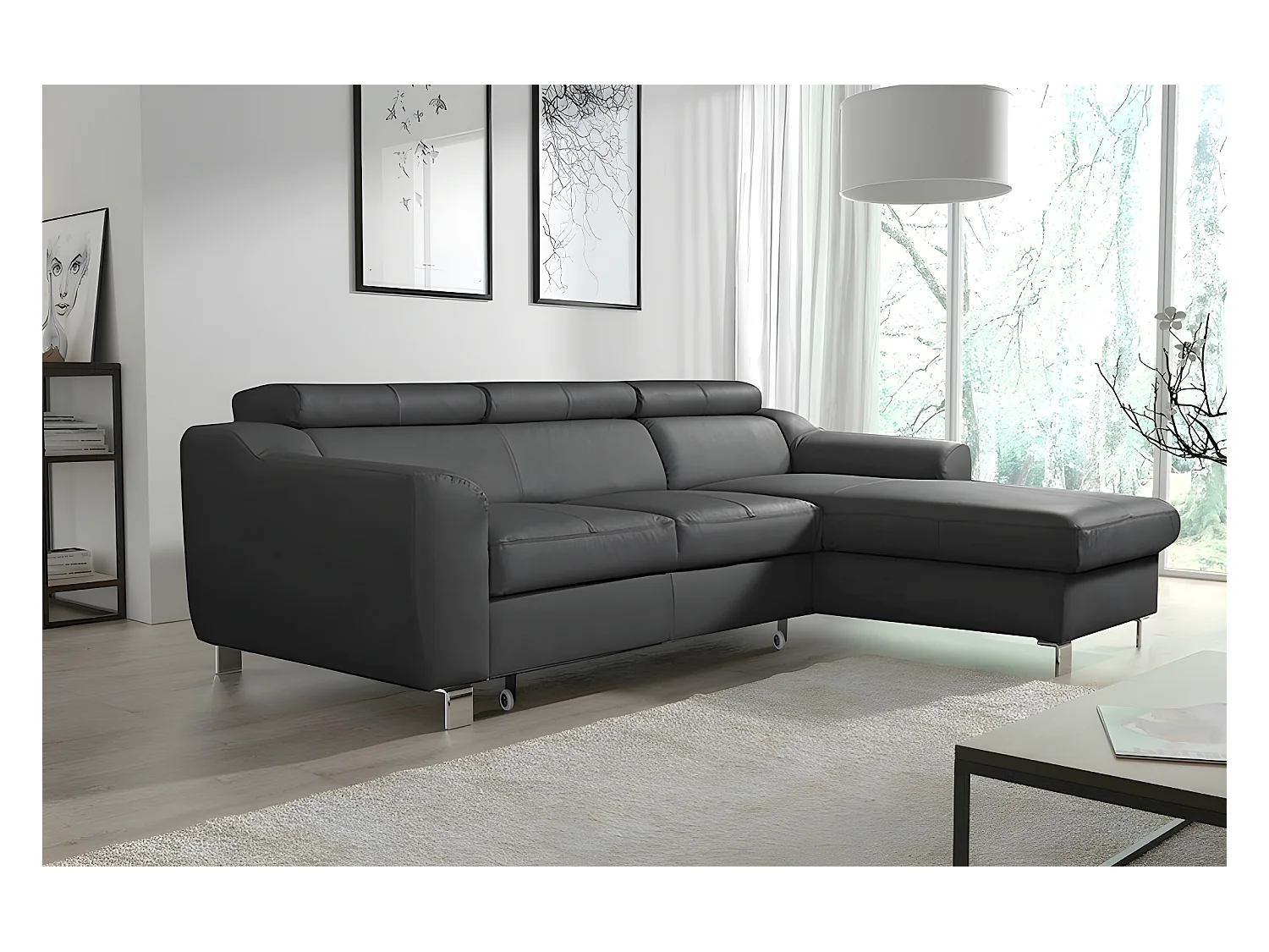 Canapé d'angle convertible en cuir italien de luxe 5 places ASTORIA, gris foncé, angle droit