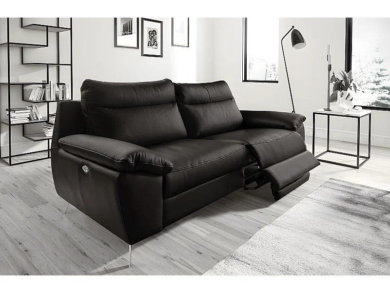 Canapé 3 places avec 2 relax électriques en 100% tout cuir épais de luxe italien, PERINI, noir