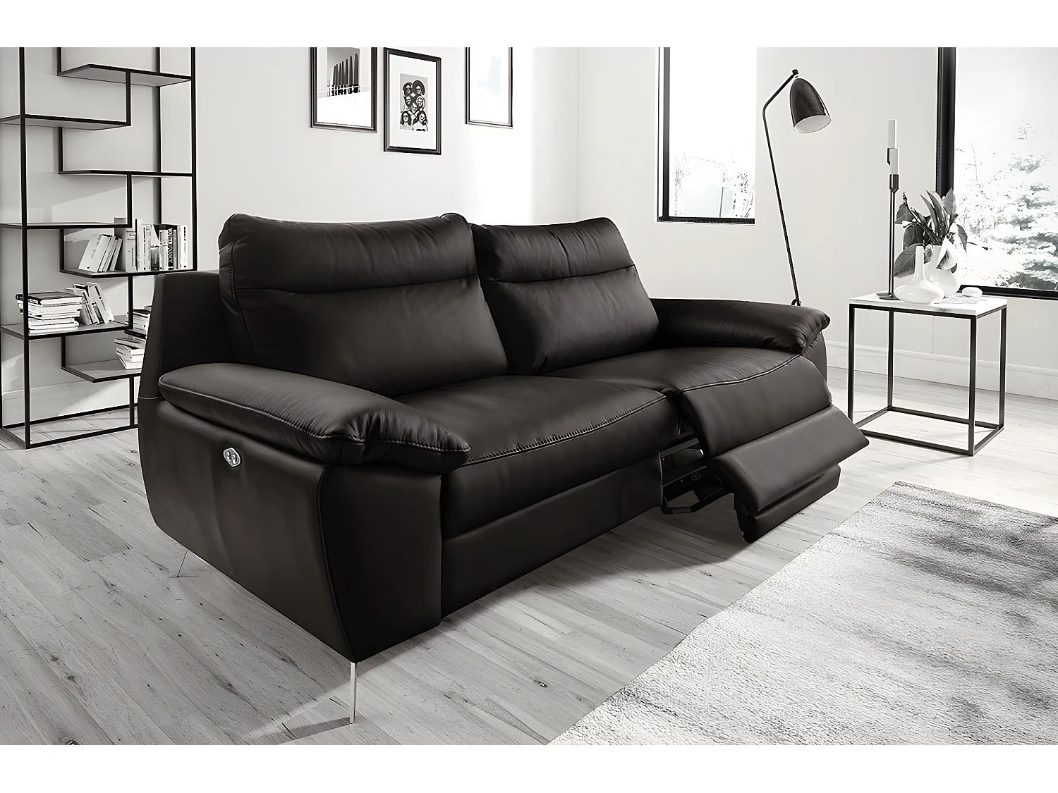 Canapé 3 places avec 2 relax électriques en 100% tout cuir épais de luxe italien, PERINI, noir